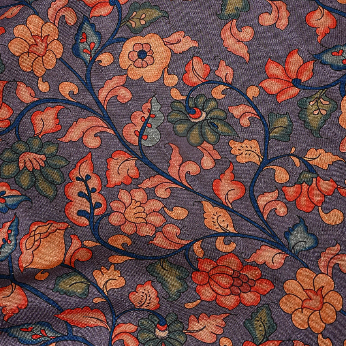 Mauve Purple Climbing Vine Kalamkari Pen Print Dupion Silk Fabric