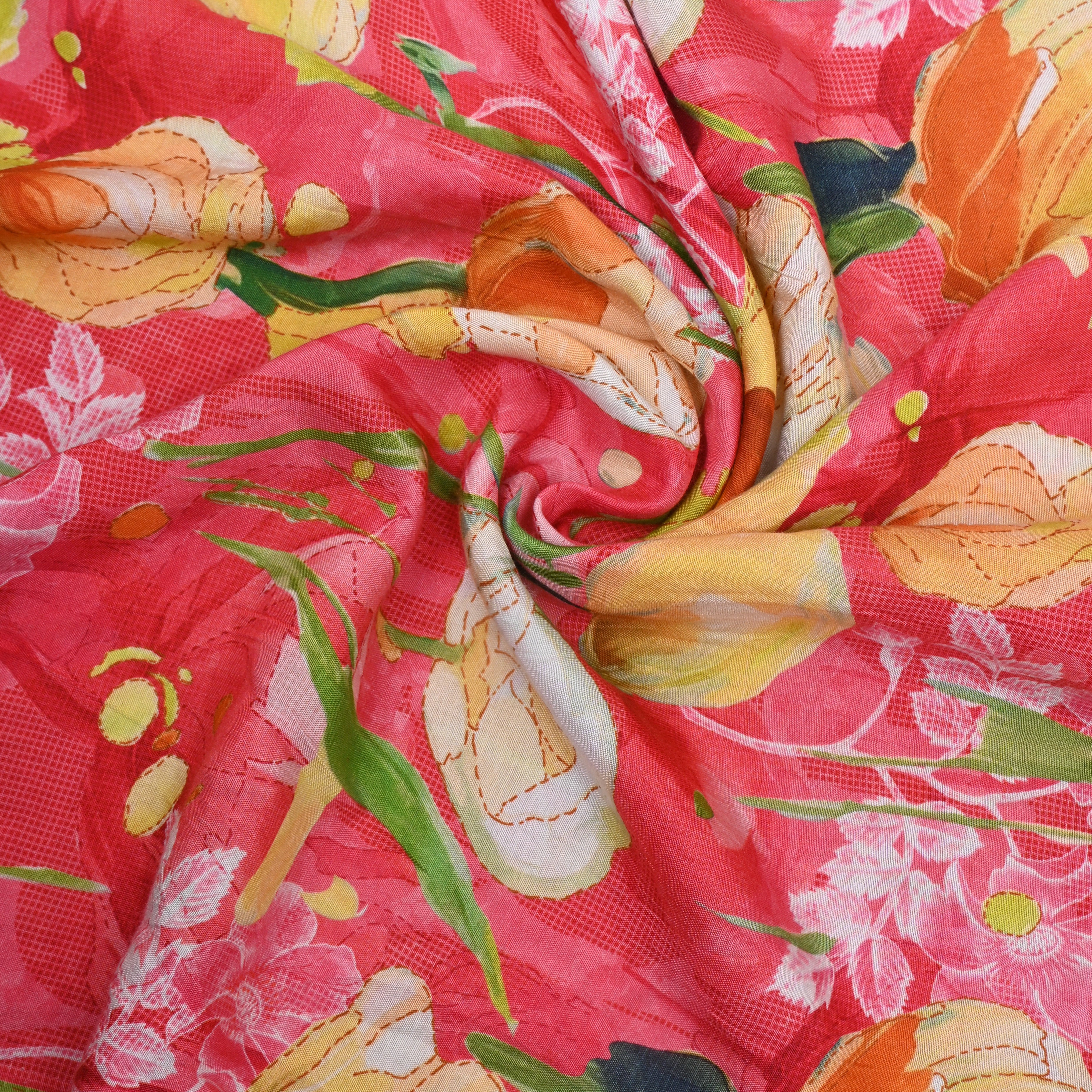 Coral Pink Floral Printed Organza Fabric