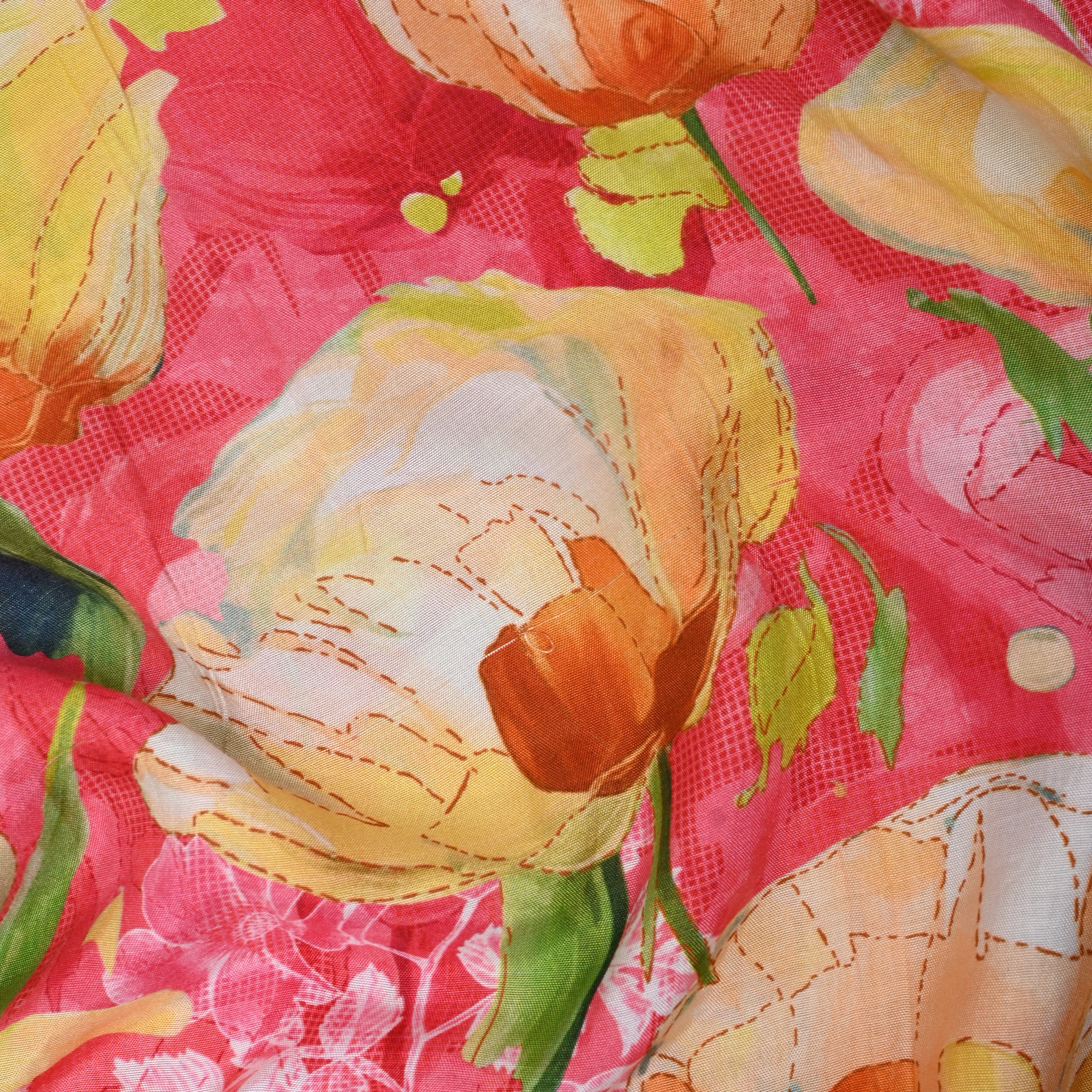 Coral Pink Floral Printed Organza Fabric