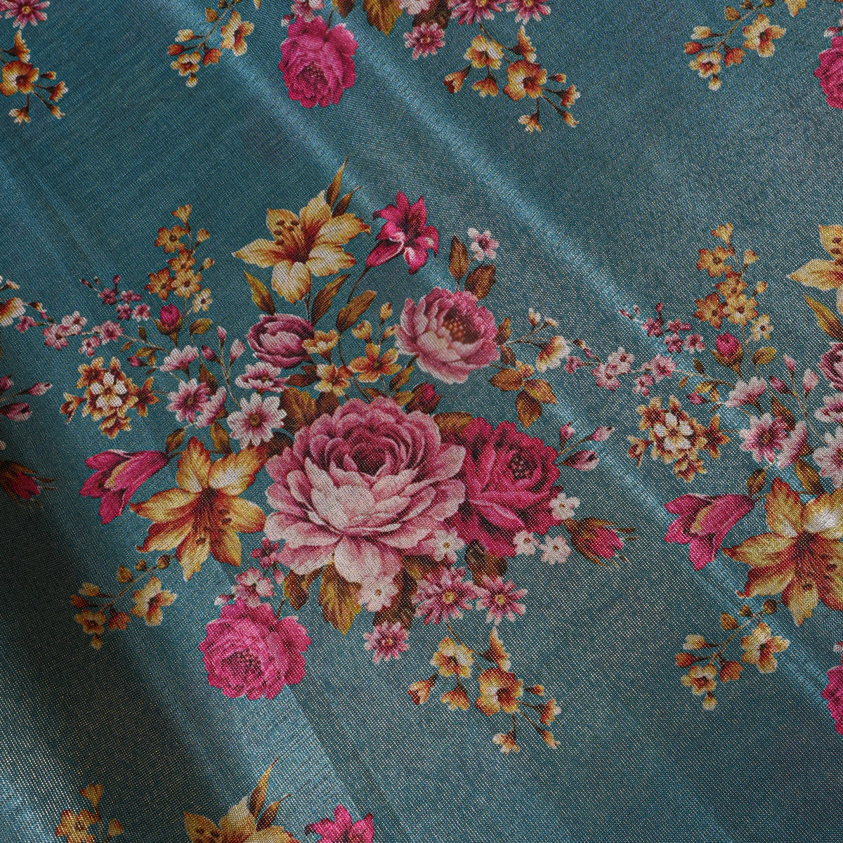 Teal Green Floral Cluster Tissue Fabric With Zari Border