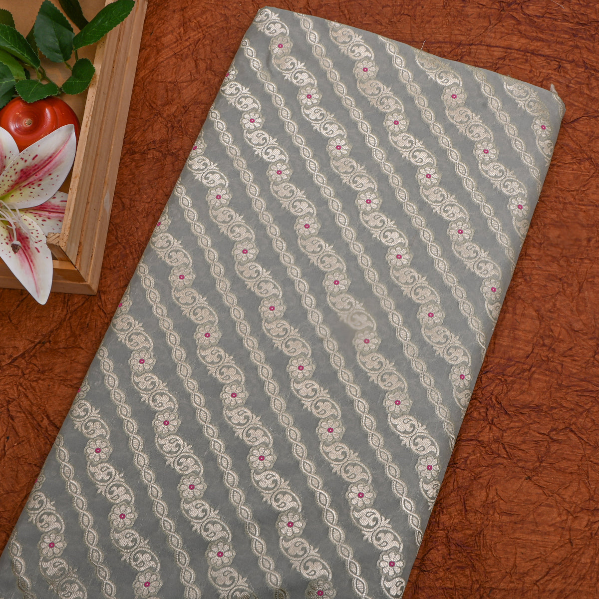 Grey Stripe Weave Banarasi Silk Fabric