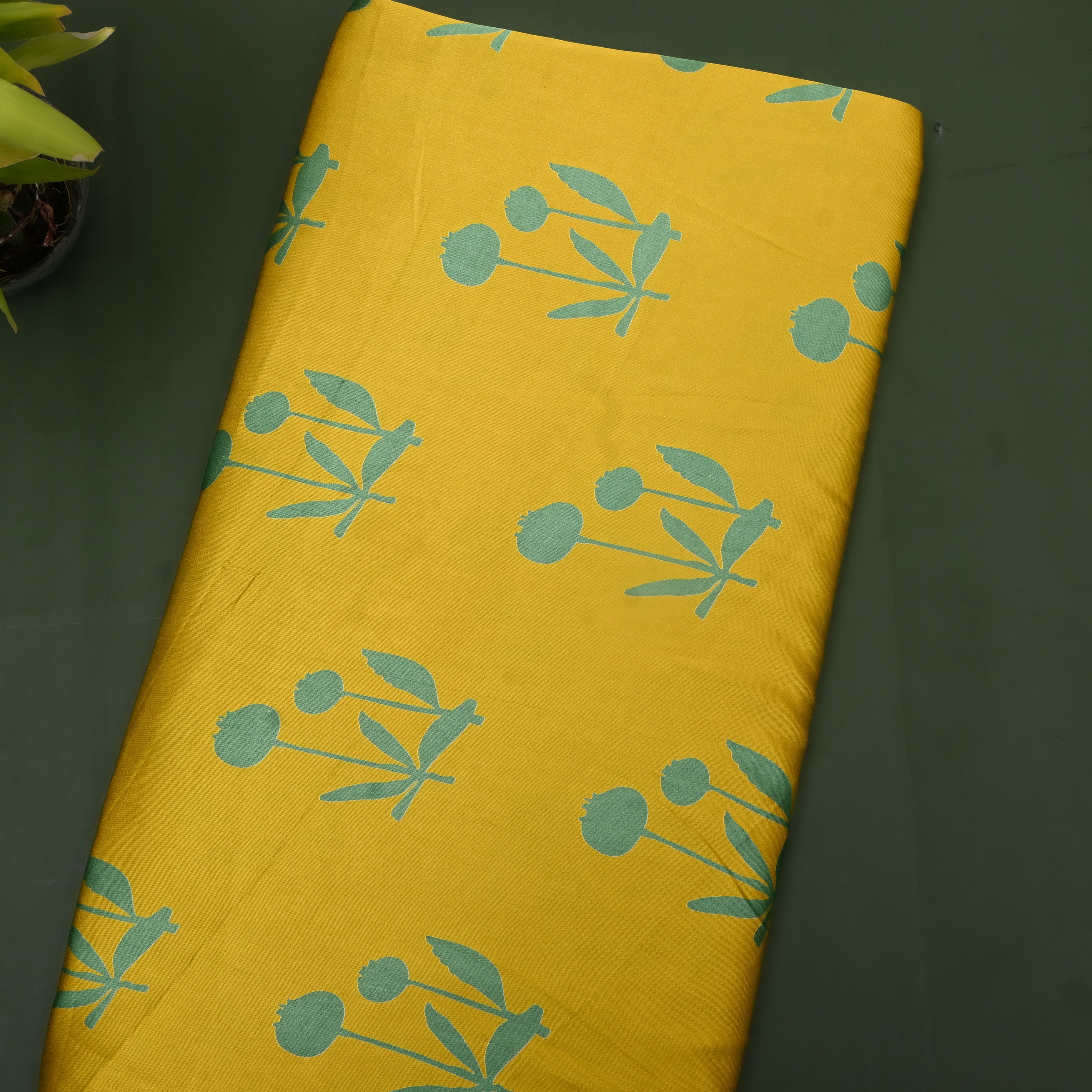 Mustard Yellow Sage Tulip Print Satin Fabric