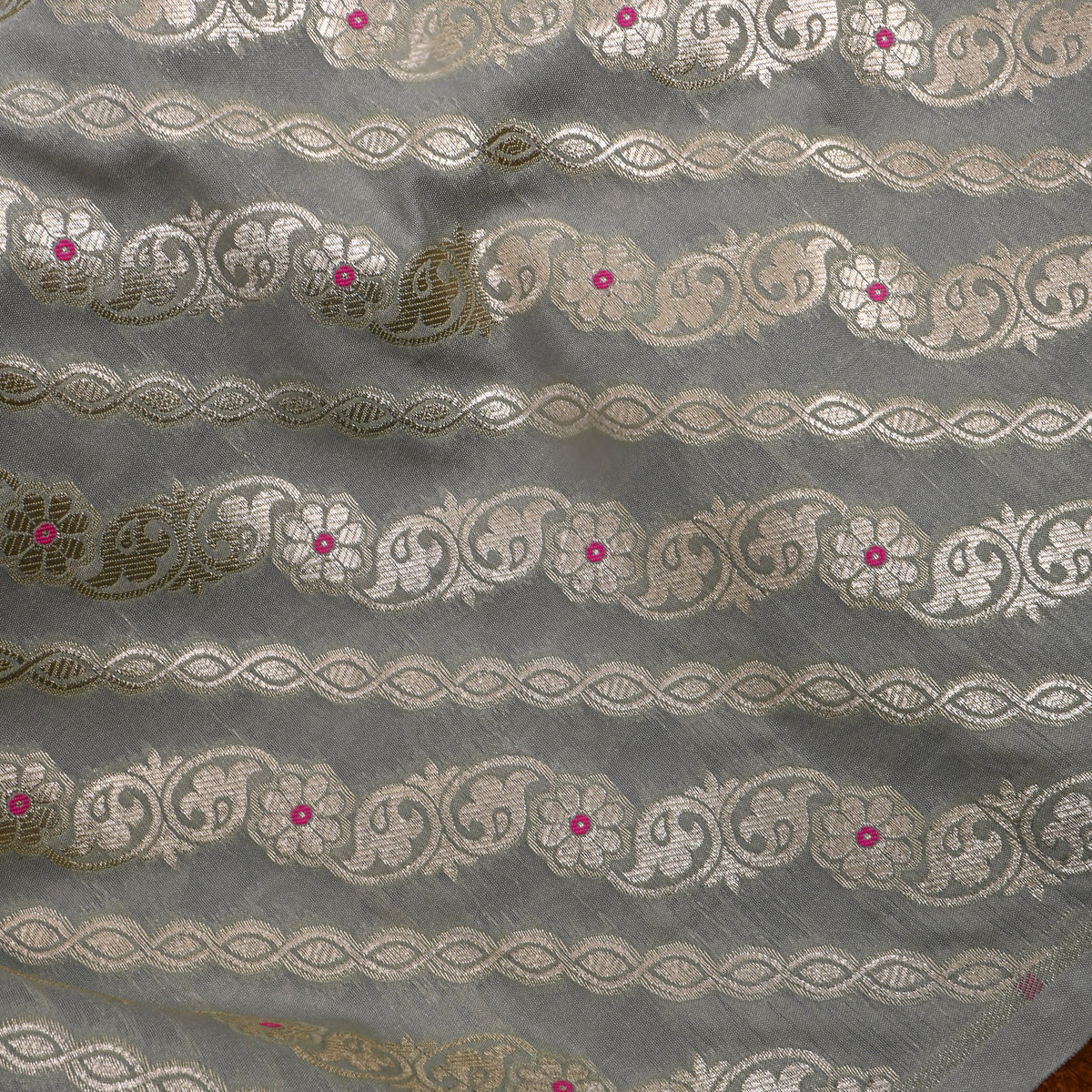 Grey Stripe Weave Banarasi Silk Fabric