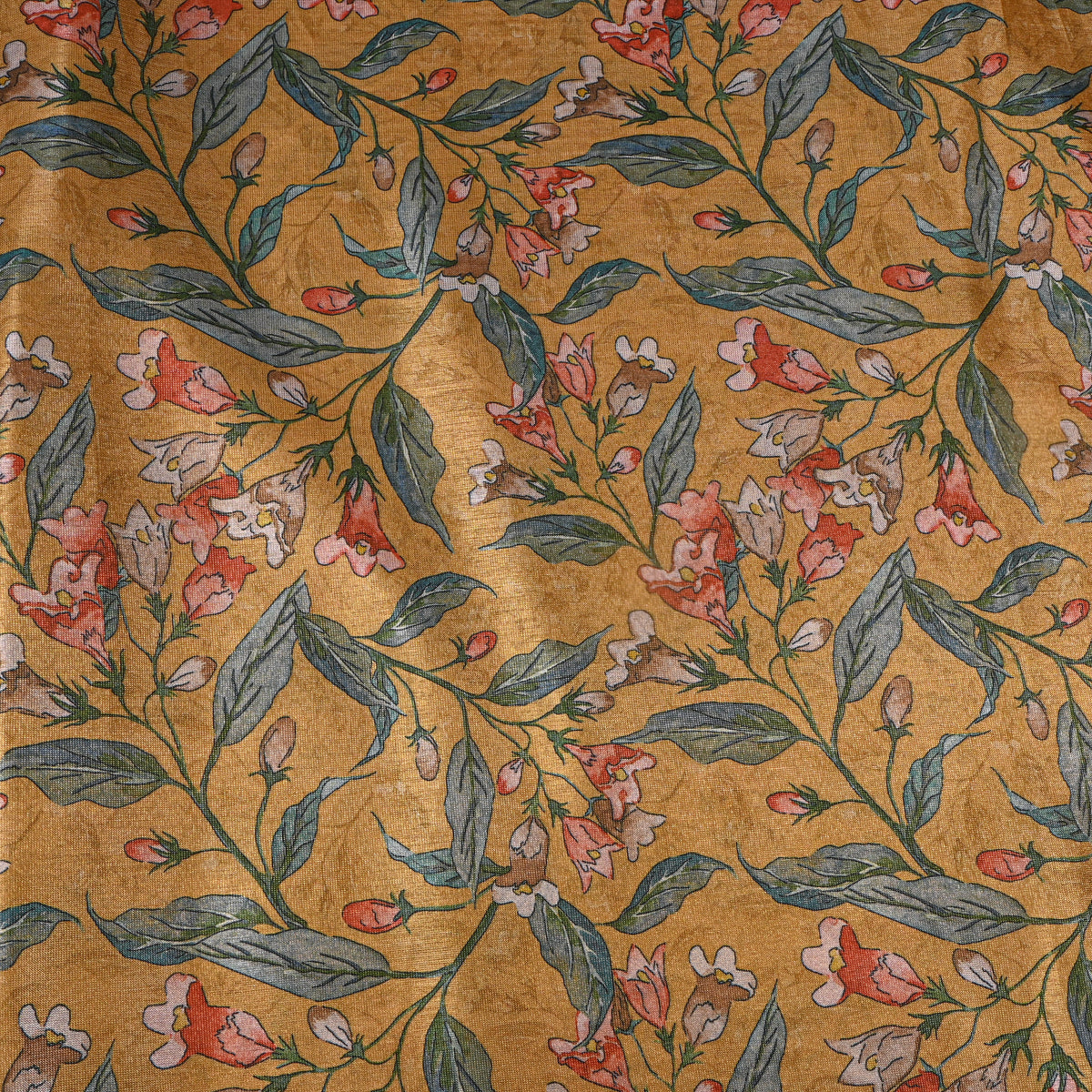 Golden Ochre Floral Printed Tissue Fabric