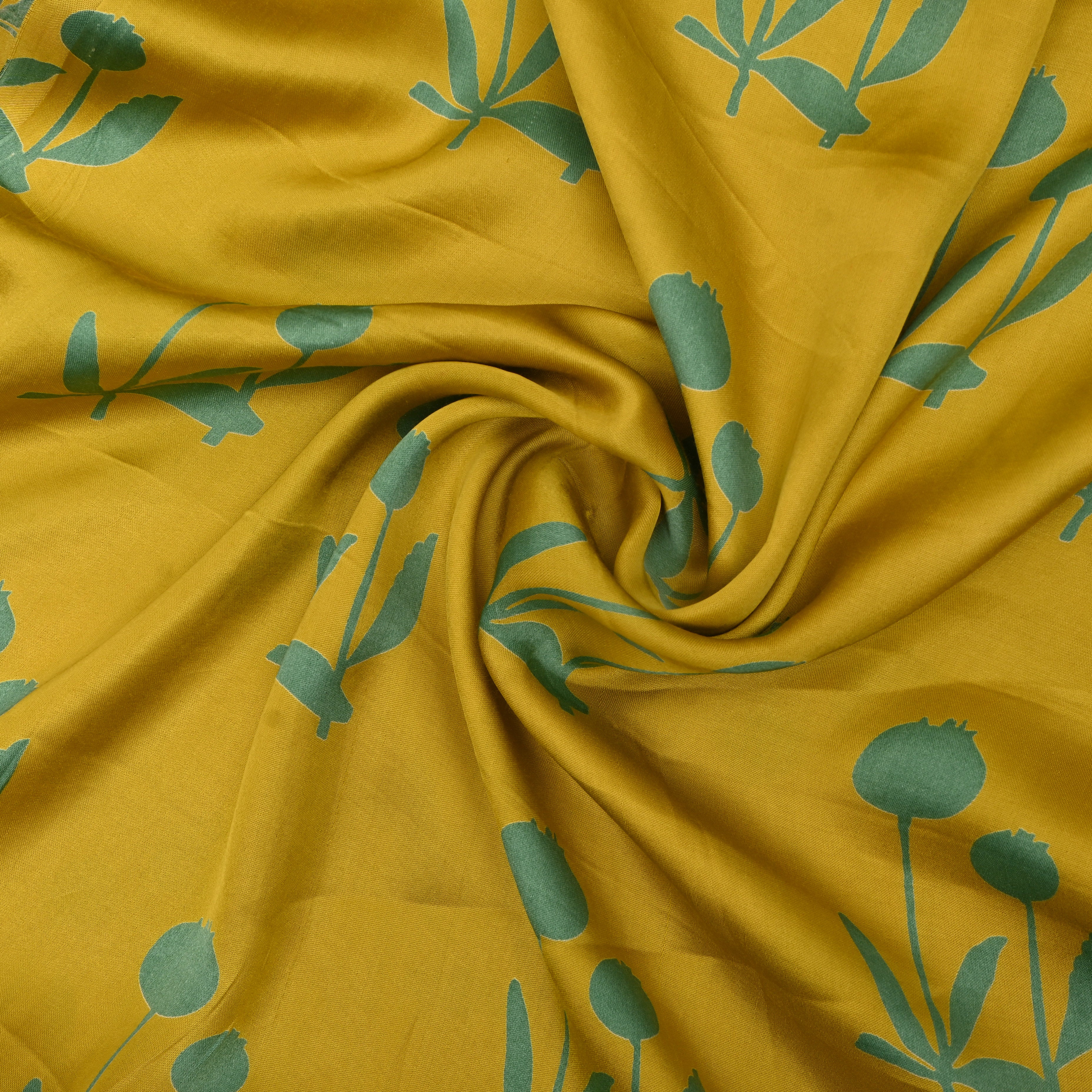 Mustard Yellow Sage Tulip Print Satin Fabric