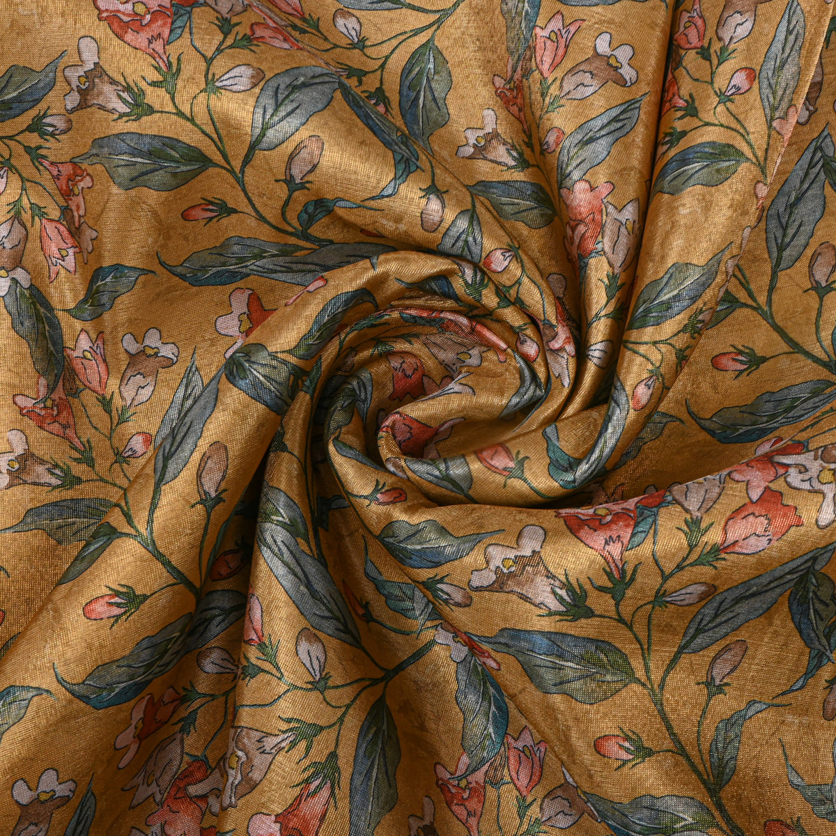 Golden Ochre Floral Printed Tissue Fabric