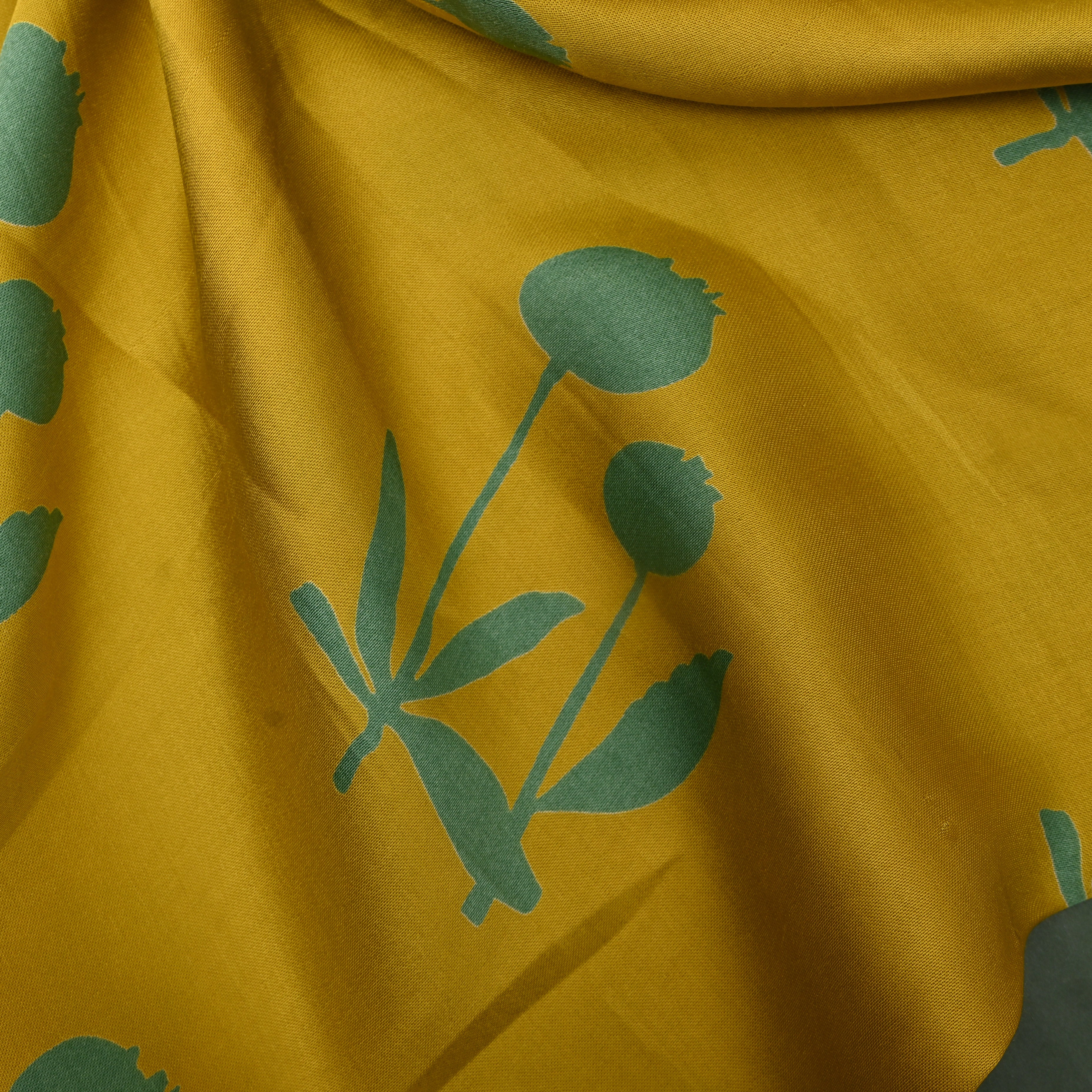 Mustard Yellow Sage Tulip Print Satin Fabric