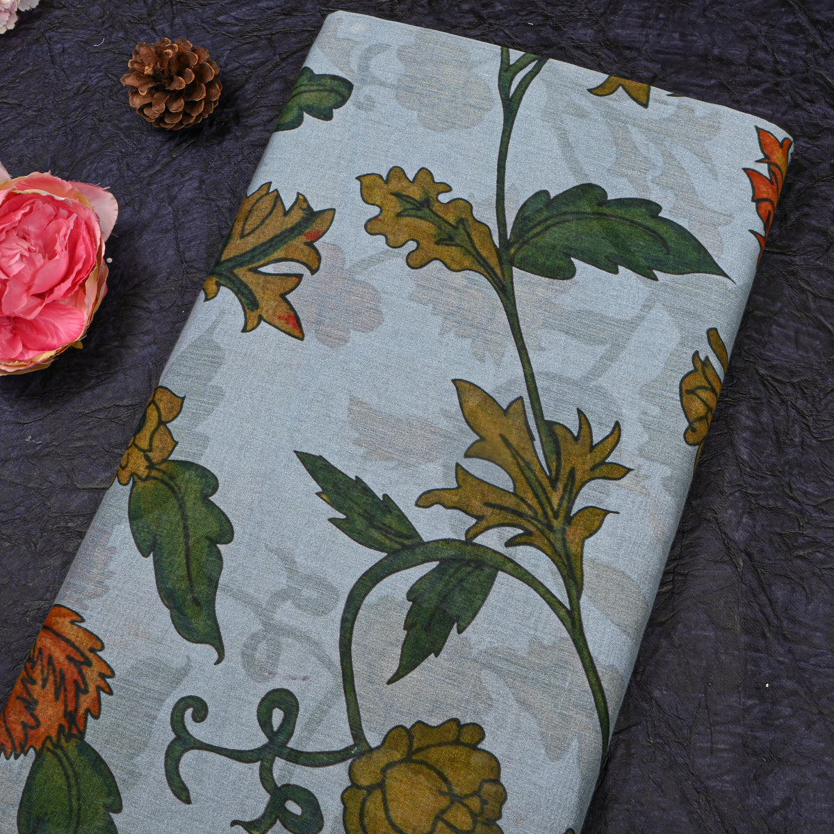 Slate Blue Marigold Floral Vine Print Fabric