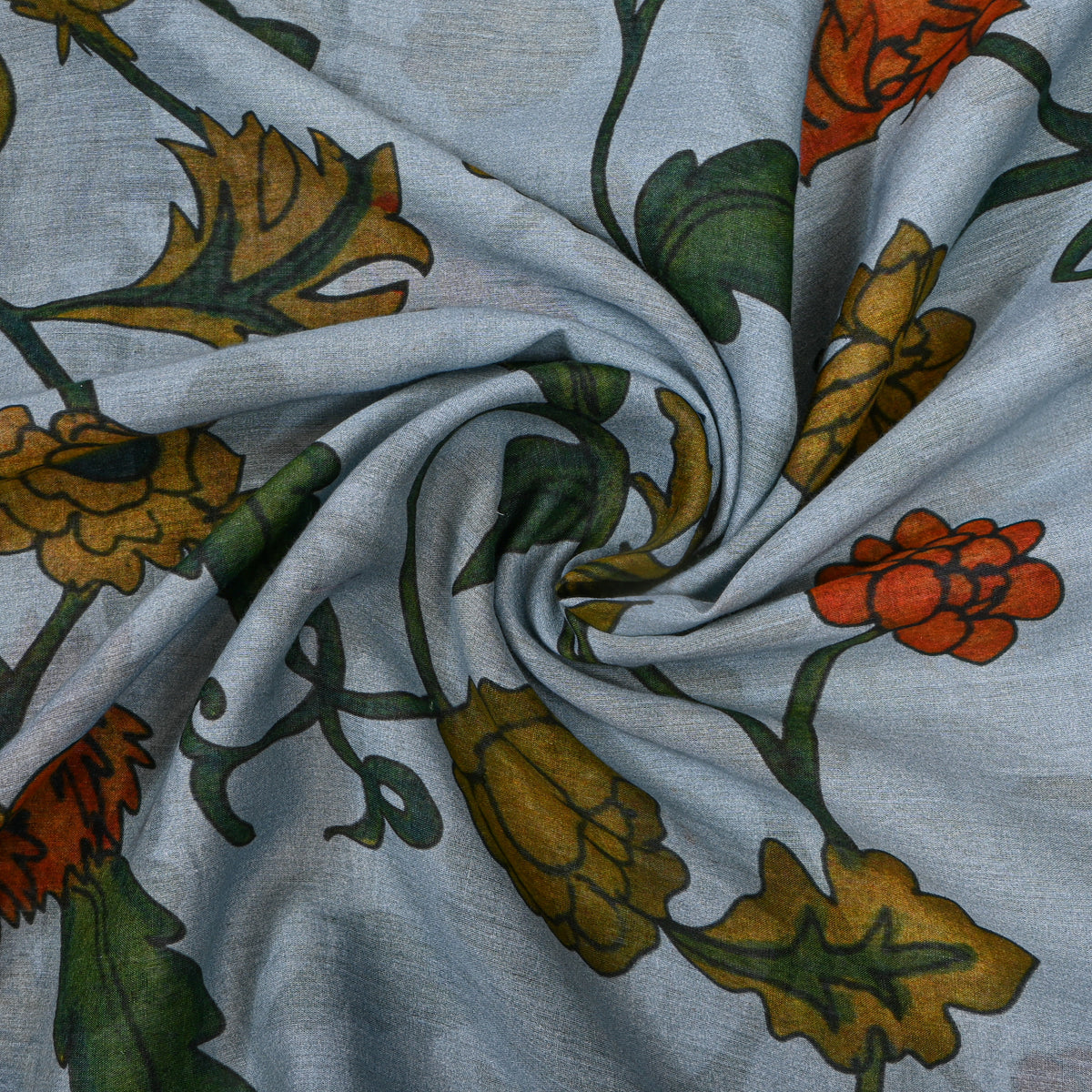 Slate Blue Marigold Floral Vine Print Fabric
