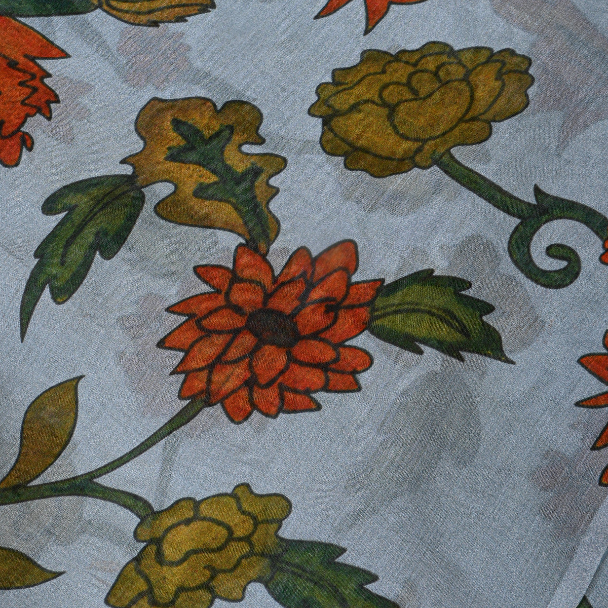 Slate Blue Marigold Floral Vine Print Fabric