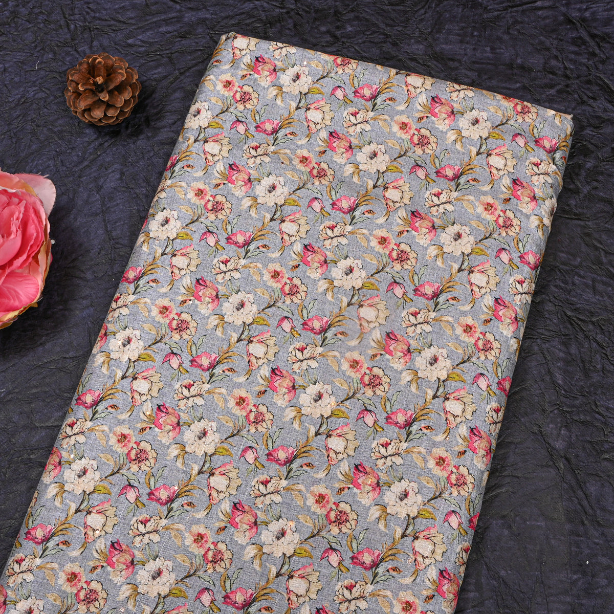 Steel Blue Dense Rose Floral Print Tussar Silk Fabric