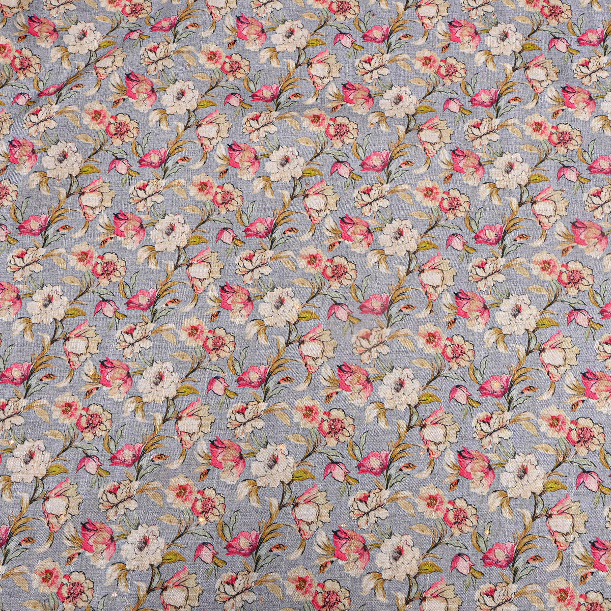 Steel Blue Dense Rose Floral Print Tussar Silk Fabric