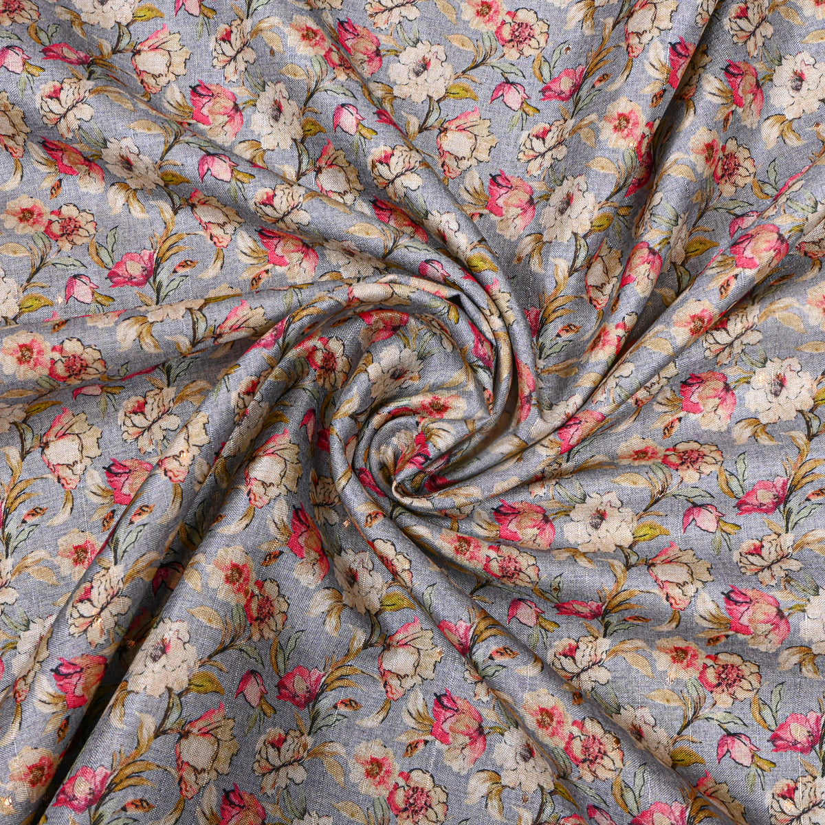 Steel Blue Dense Rose Floral Print Tussar Silk Fabric