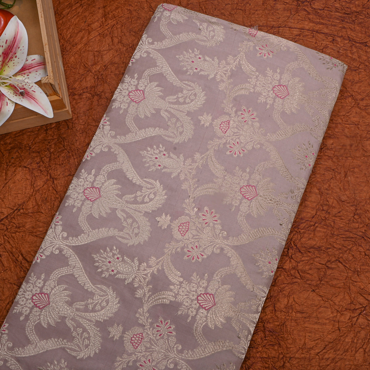 Mauve Gold Zari Brocade Jamawar Silk Fabric