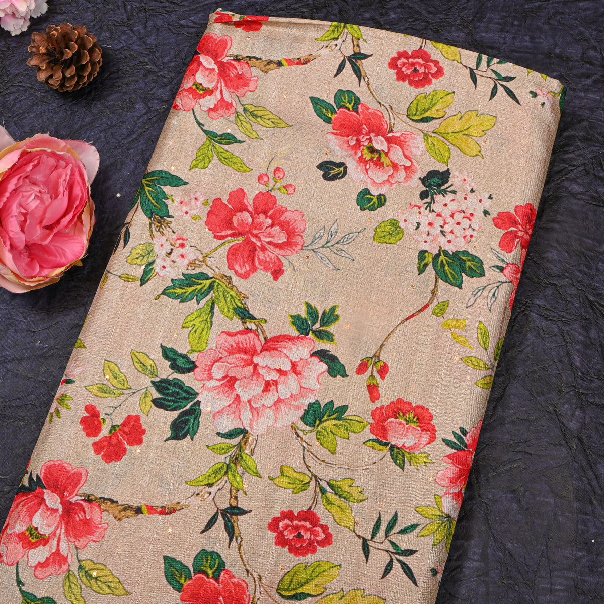 Oatmeal Large Floral Print Tussar Silk Fabric