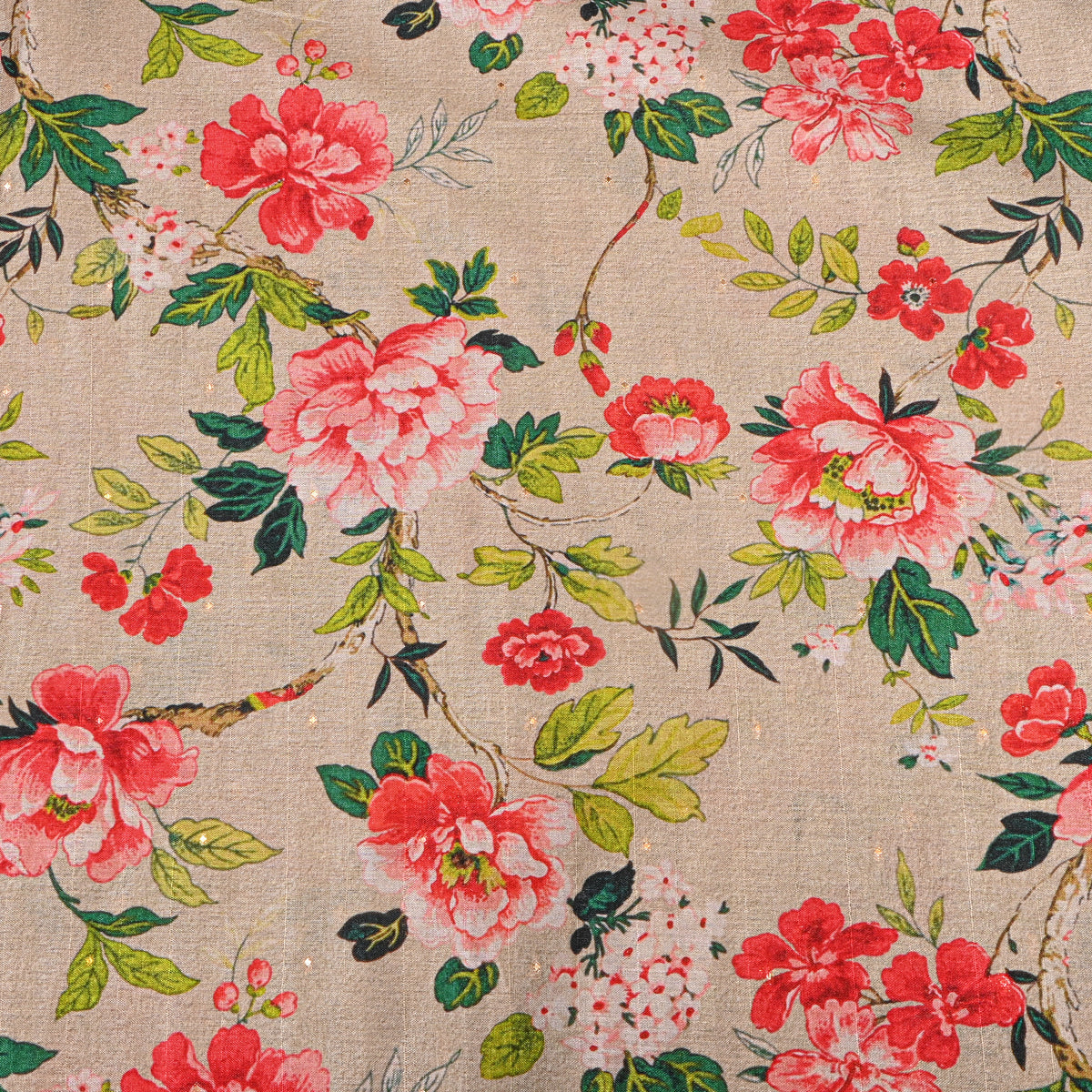 Oatmeal Large Floral Print Tussar Silk Fabric