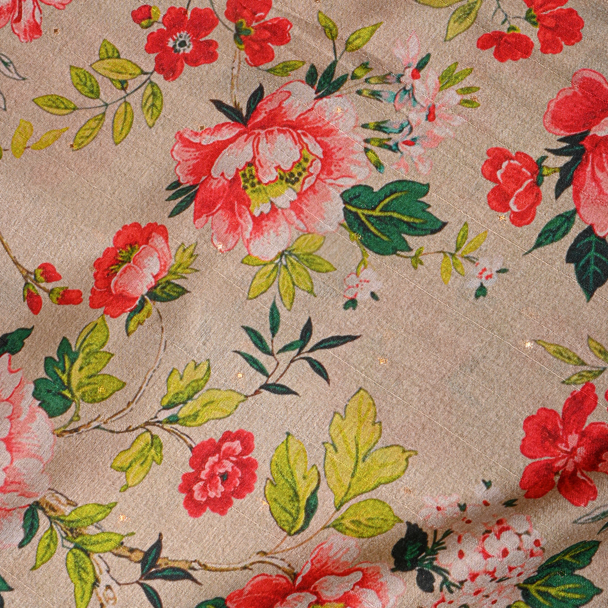 Oatmeal Large Floral Print Tussar Silk Fabric