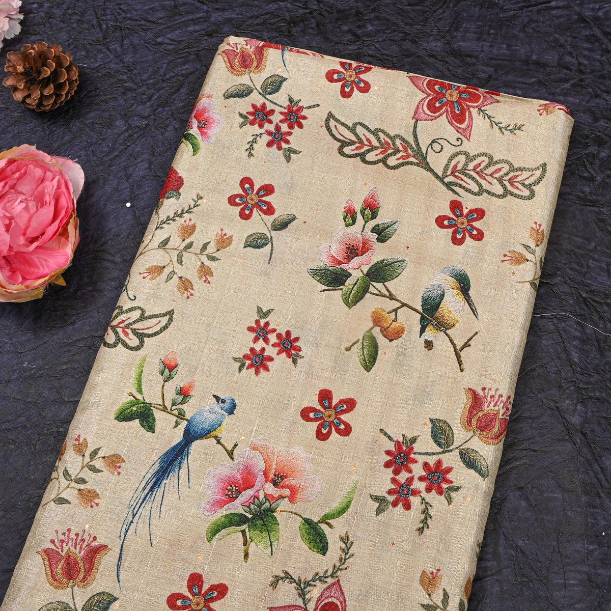 Biscuit Bird And Floral Print Tussar Silk Fabric