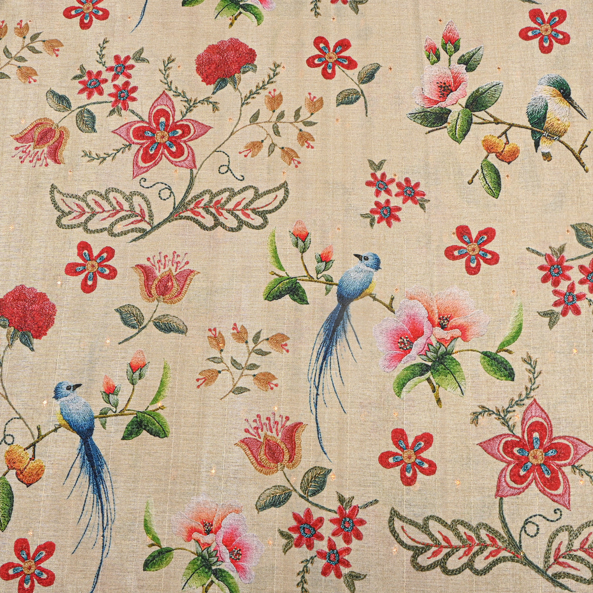 Biscuit Bird And Floral Print Tussar Silk Fabric