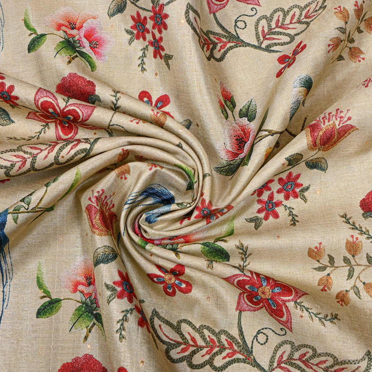 Biscuit Bird And Floral Print Tussar Silk Fabric