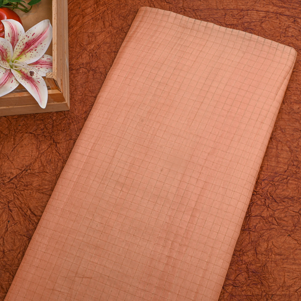 Dusty Peach Gold Check Self Weave Silk Fabric