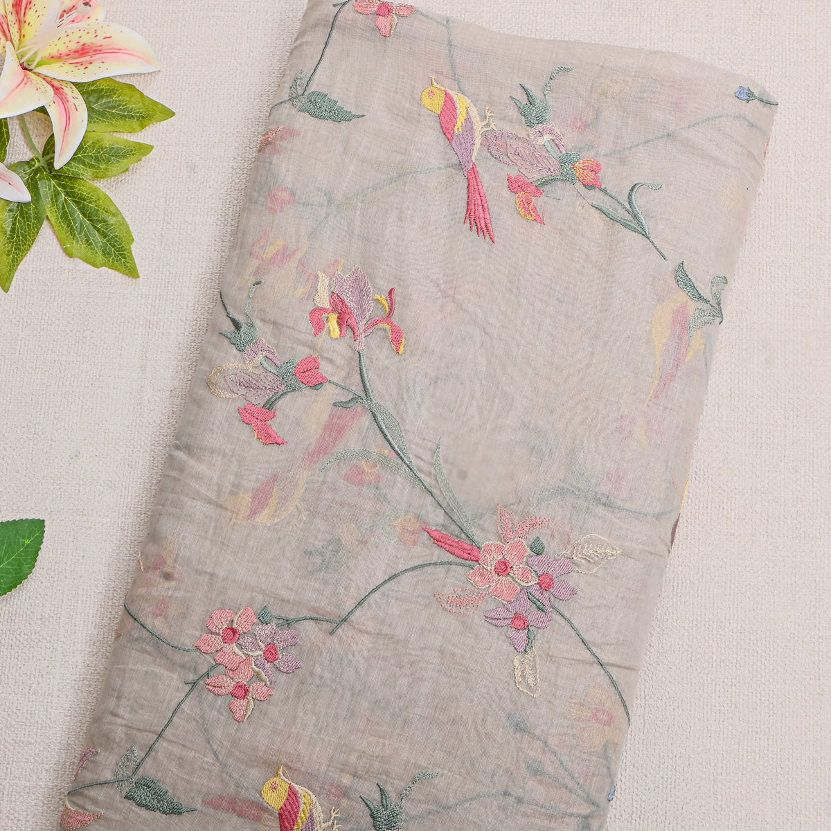 Smoke Grey Bird And Floral Jaal Thread Work Tissue Fabric
