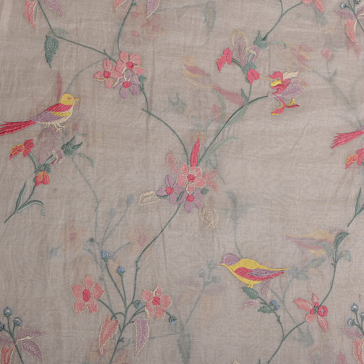 Smoke Grey Bird And Floral Jaal Thread Work Tissue Fabric