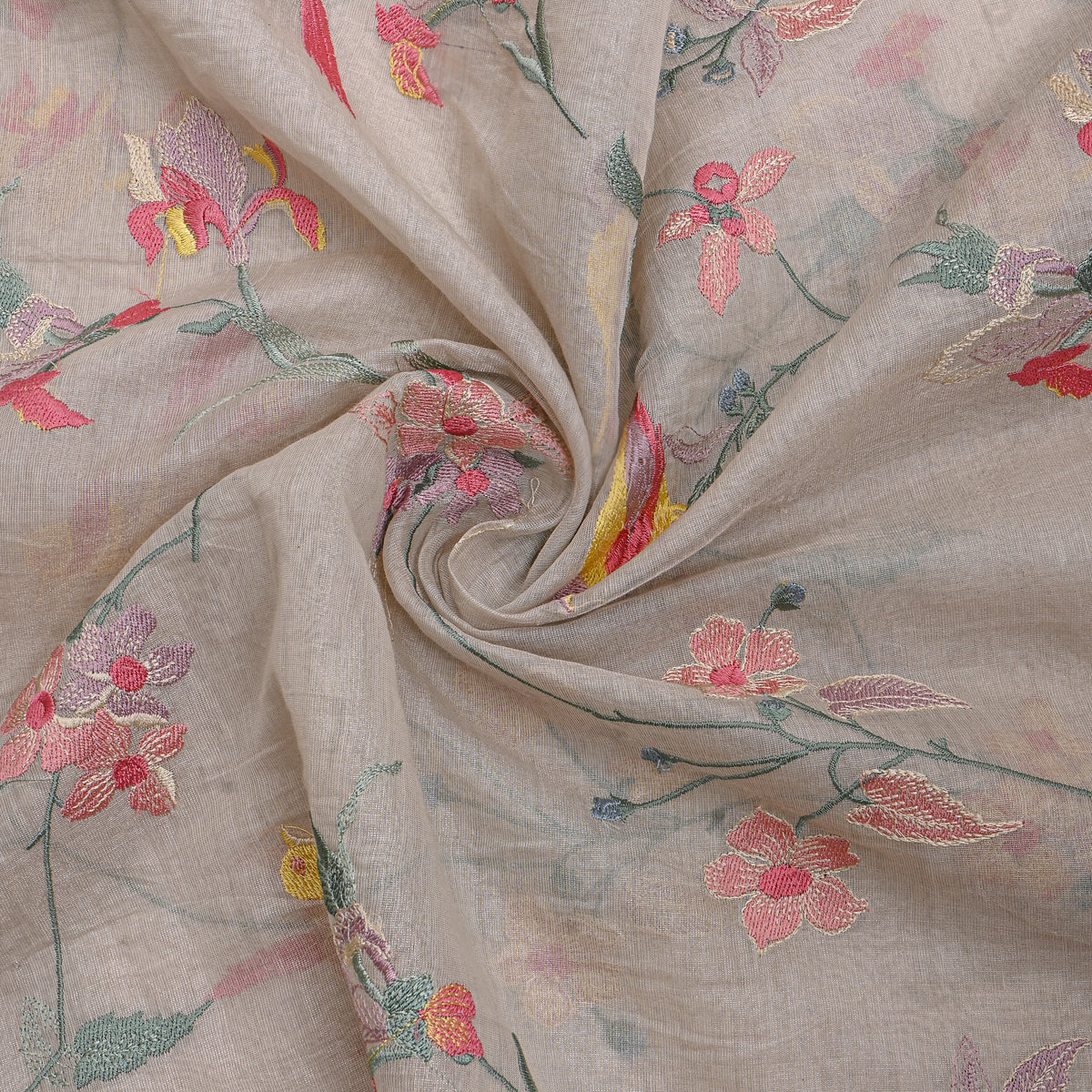 Smoke Grey Bird And Floral Jaal Thread Work Tissue Fabric