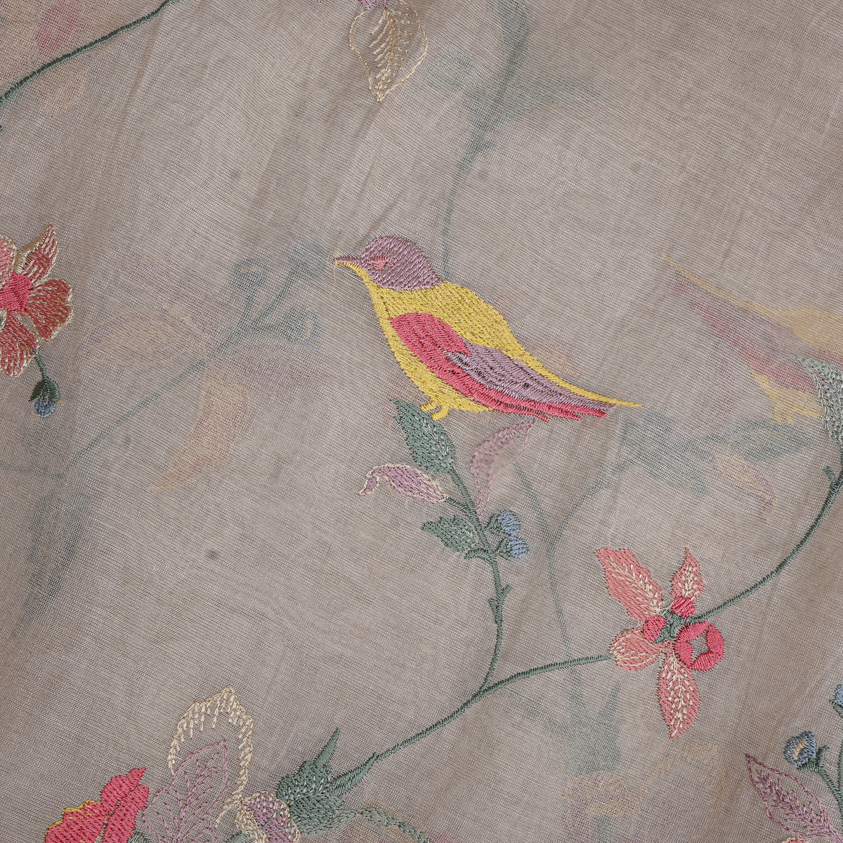 Smoke Grey Bird And Floral Jaal Thread Work Tissue Fabric