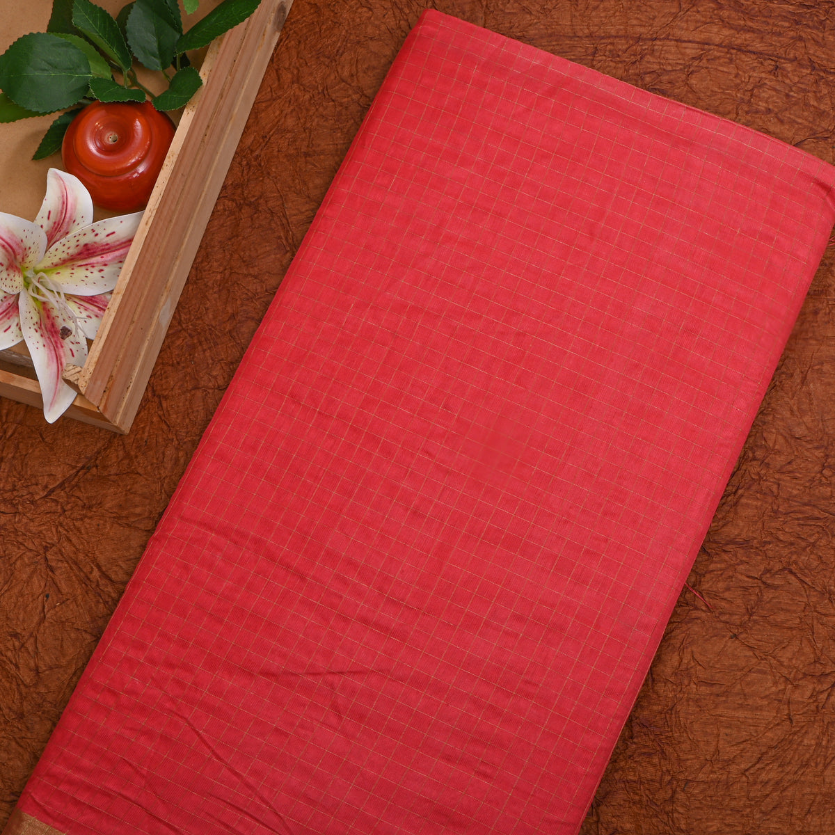 Crimson Gold Check Self Weave Jamawar Silk Fabric