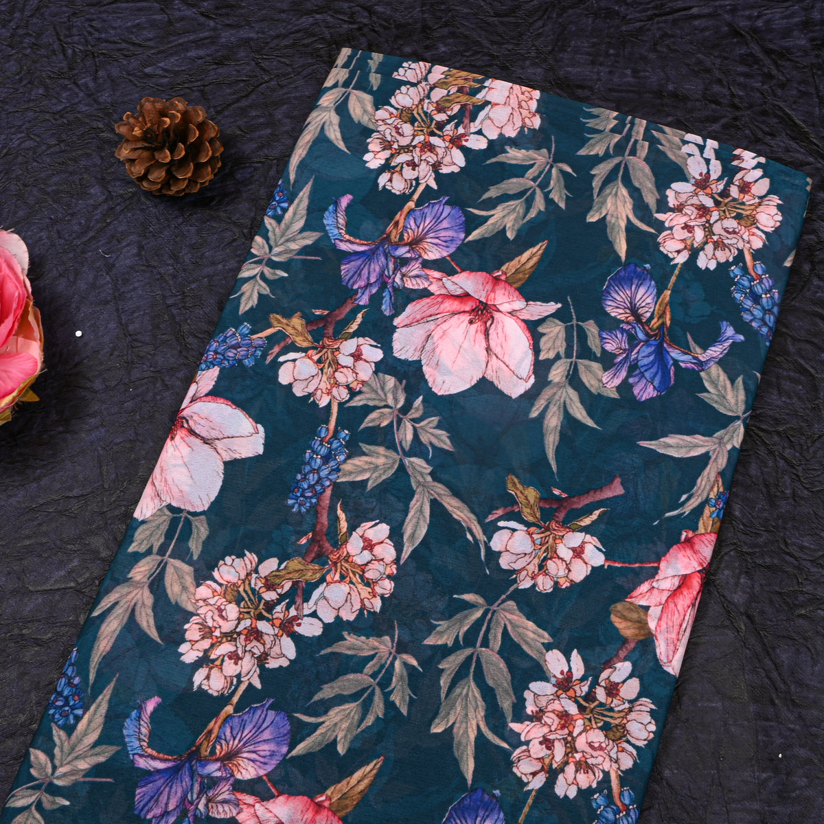 Forest Green Floral Printed Georgette Fabric