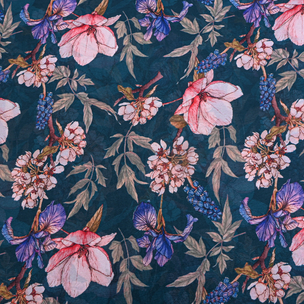 Forest Green Floral Printed Georgette Fabric