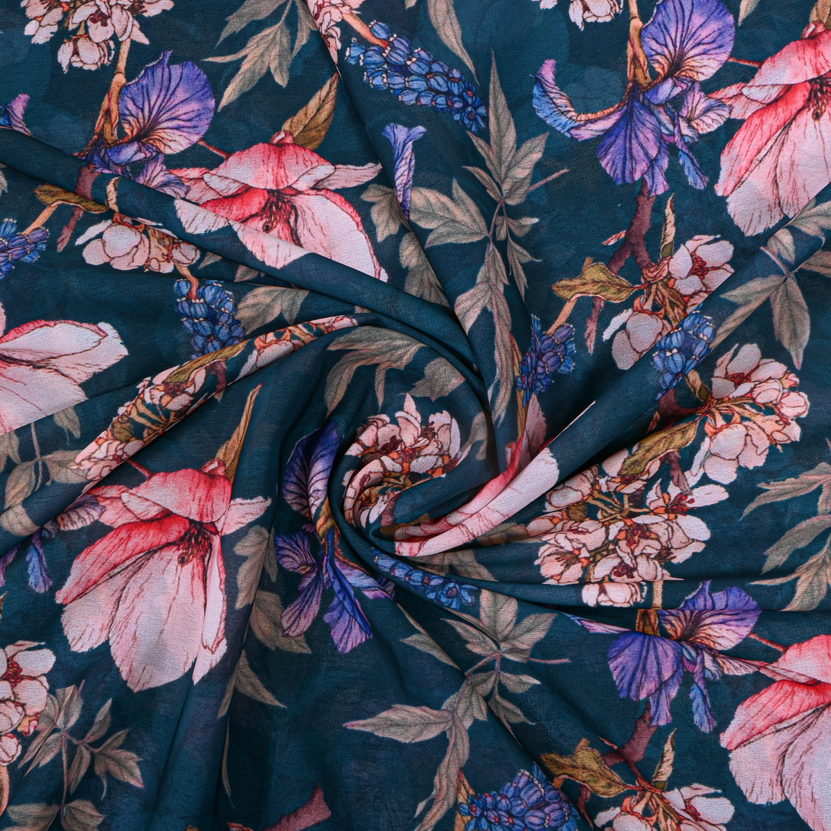 Forest Green Floral Printed Georgette Fabric