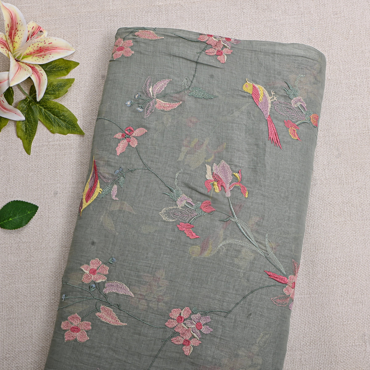 Slate Gray Floral Jaal Thread Work Tissue Fabric