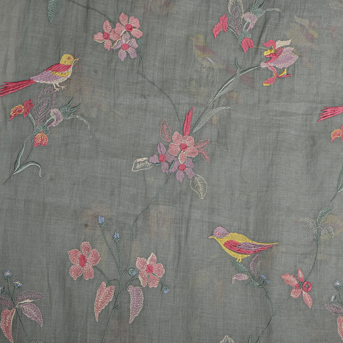 Slate Gray Floral Jaal Thread Work Tissue Fabric
