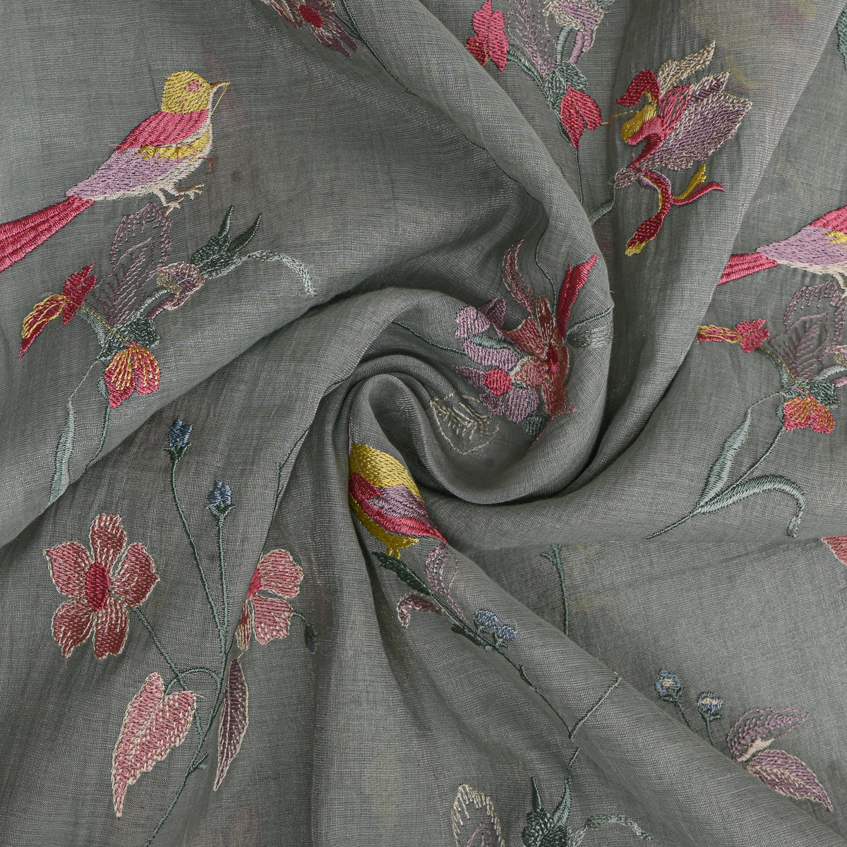 Slate Gray Floral Jaal Thread Work Tissue Fabric
