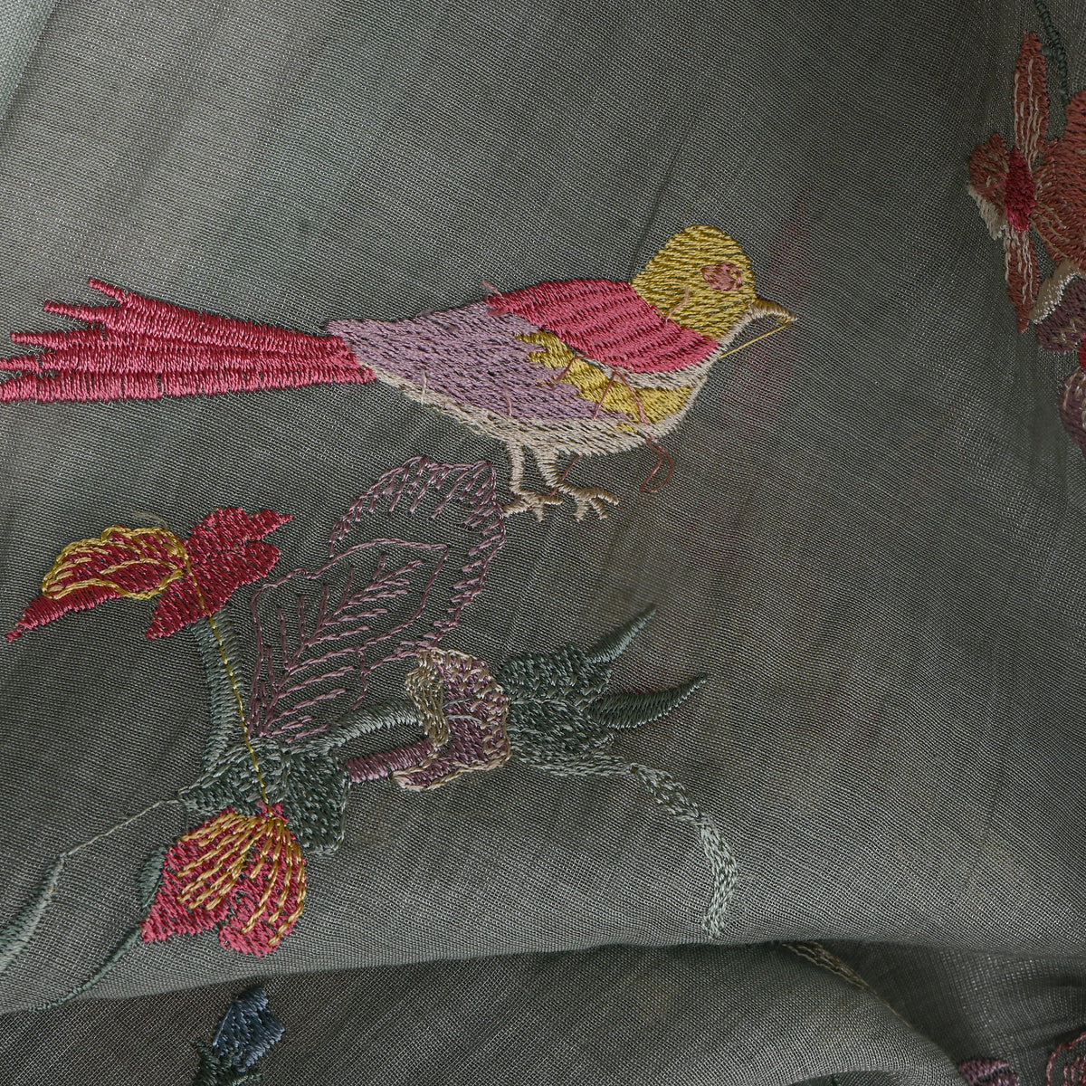 Slate Gray Floral Jaal Thread Work Tissue Fabric