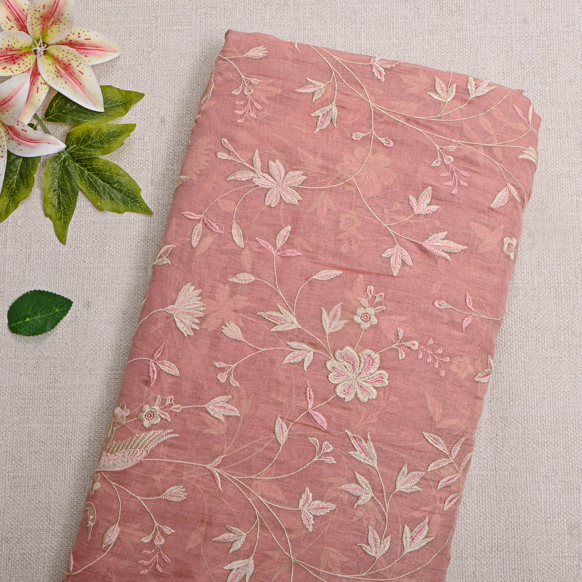 Hot Pink Floral Jaal Thread Work Tissue Fabric