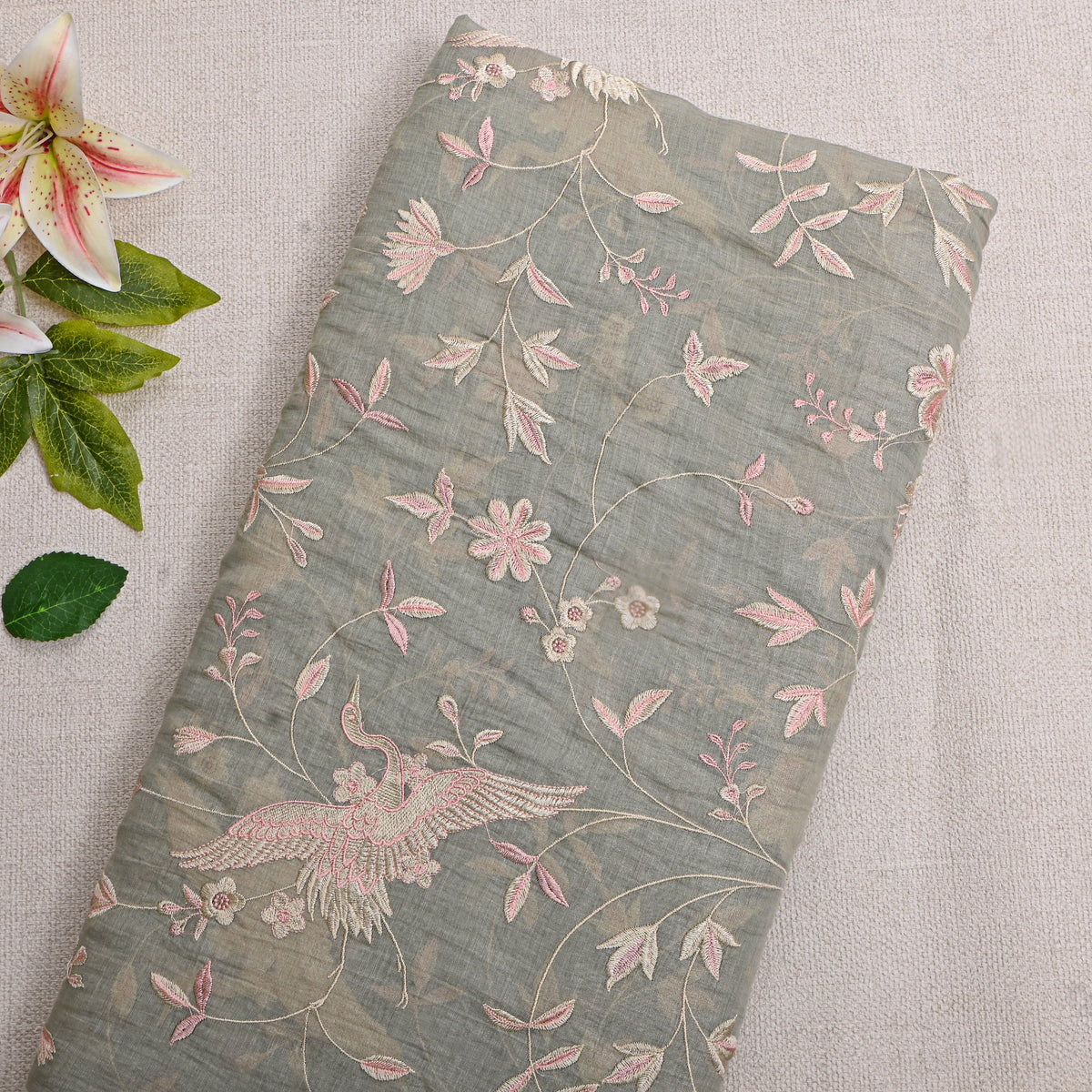 Slate Grey Floral Jaal Thread Work Tissue Fabric