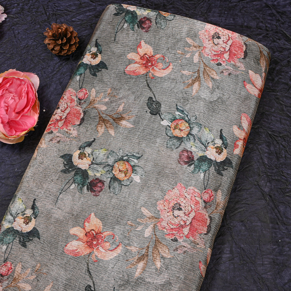 Slate Grey Peony Print Tussar Silk Fabric
