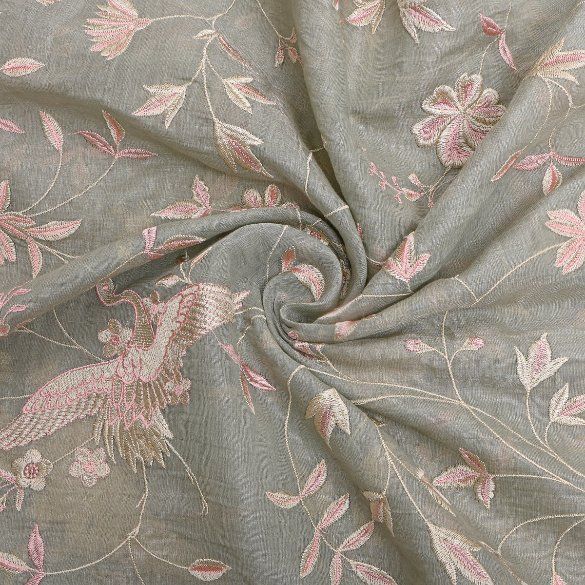 Slate Grey Floral Jaal Thread Work Tissue Fabric