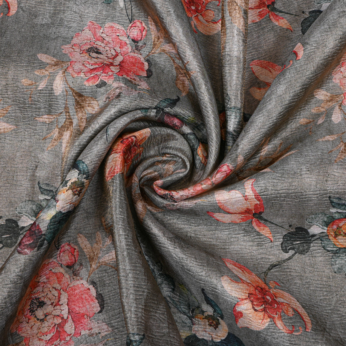 Slate Grey Peony Print Tussar Silk Fabric