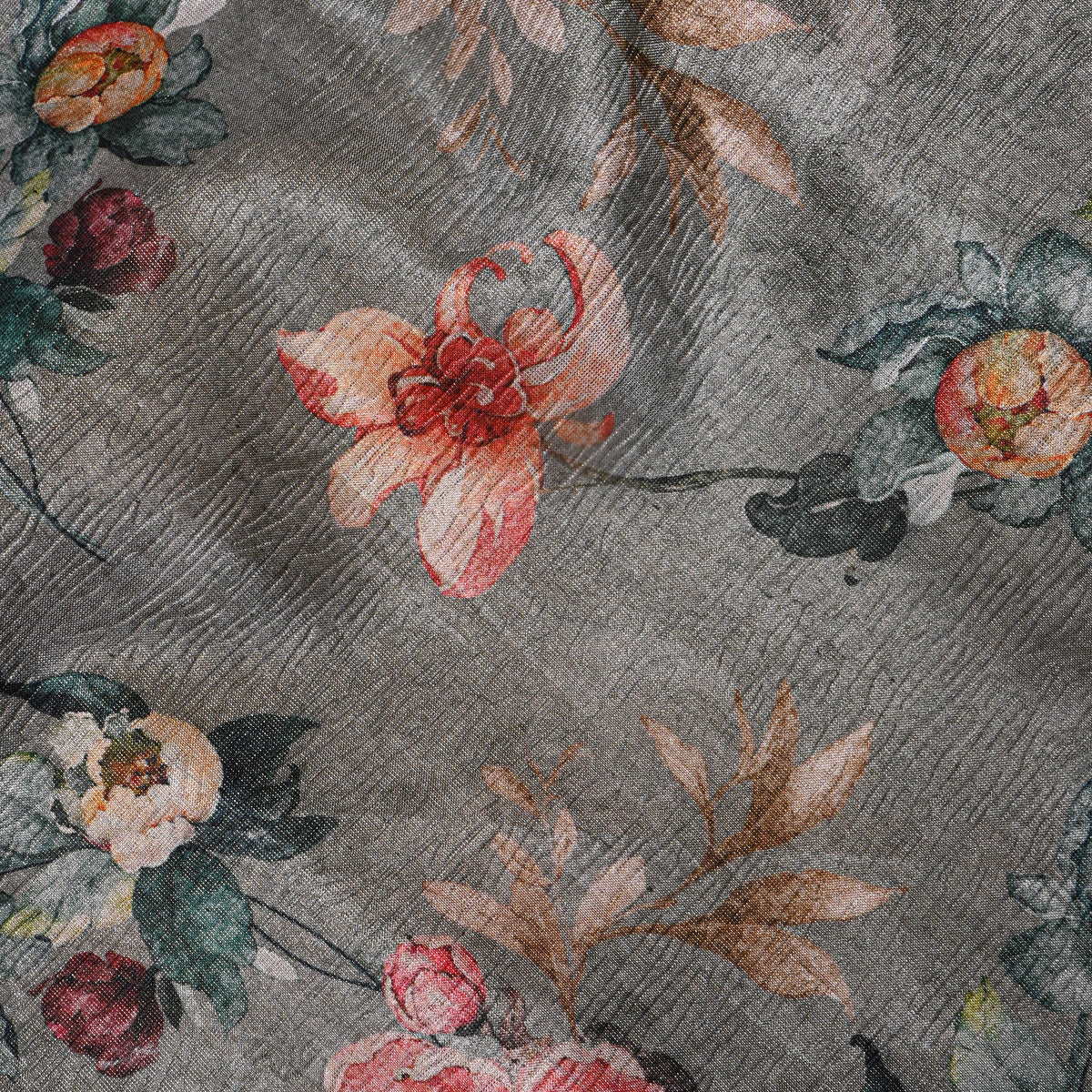Slate Grey Peony Print Tussar Silk Fabric