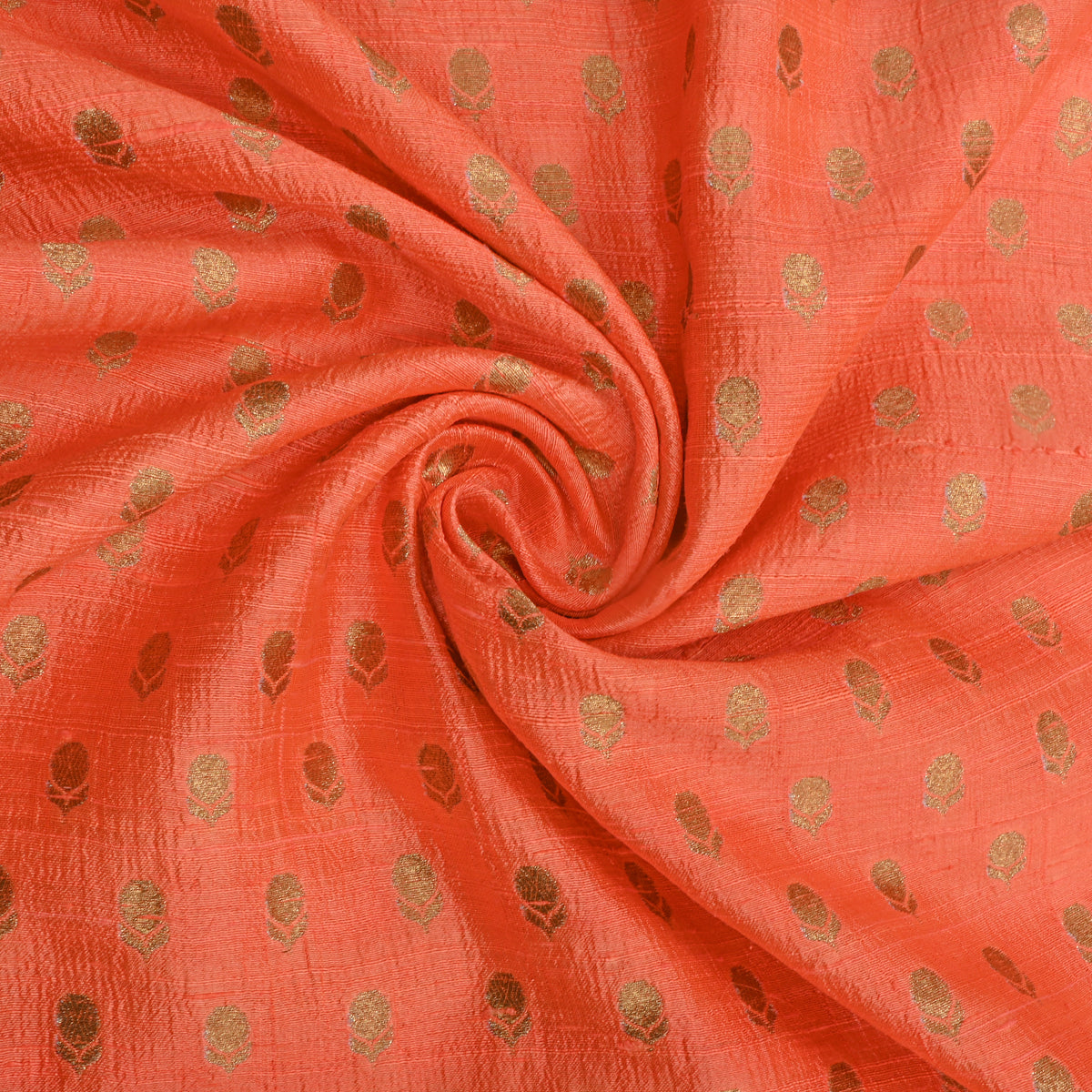 Persimmon Orange Gold Zari Floral Butti Jamawar Silk Fabric