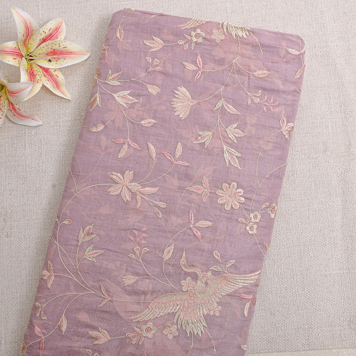 Lilac Floral Jaal Thread Work Tissue Fabric