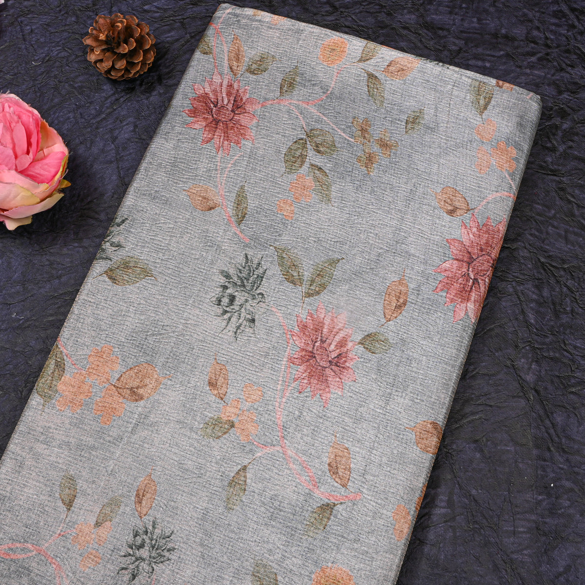 Ash Grey Pink Dahlia Print Tussar Silk Fabric
