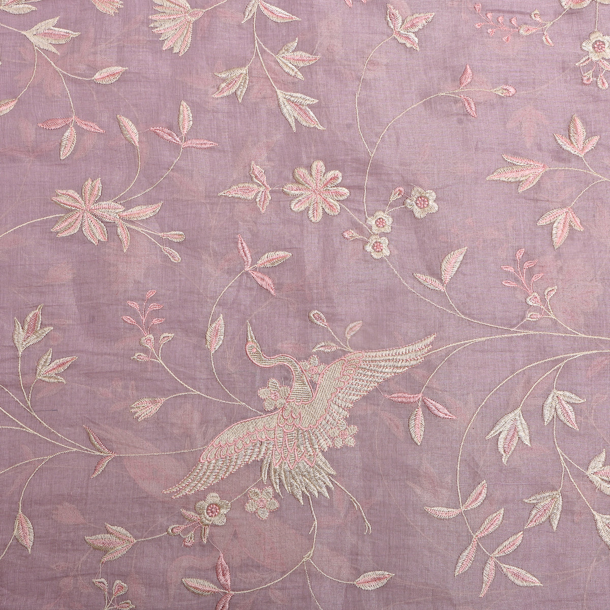 Lilac Floral Jaal Thread Work Tissue Fabric