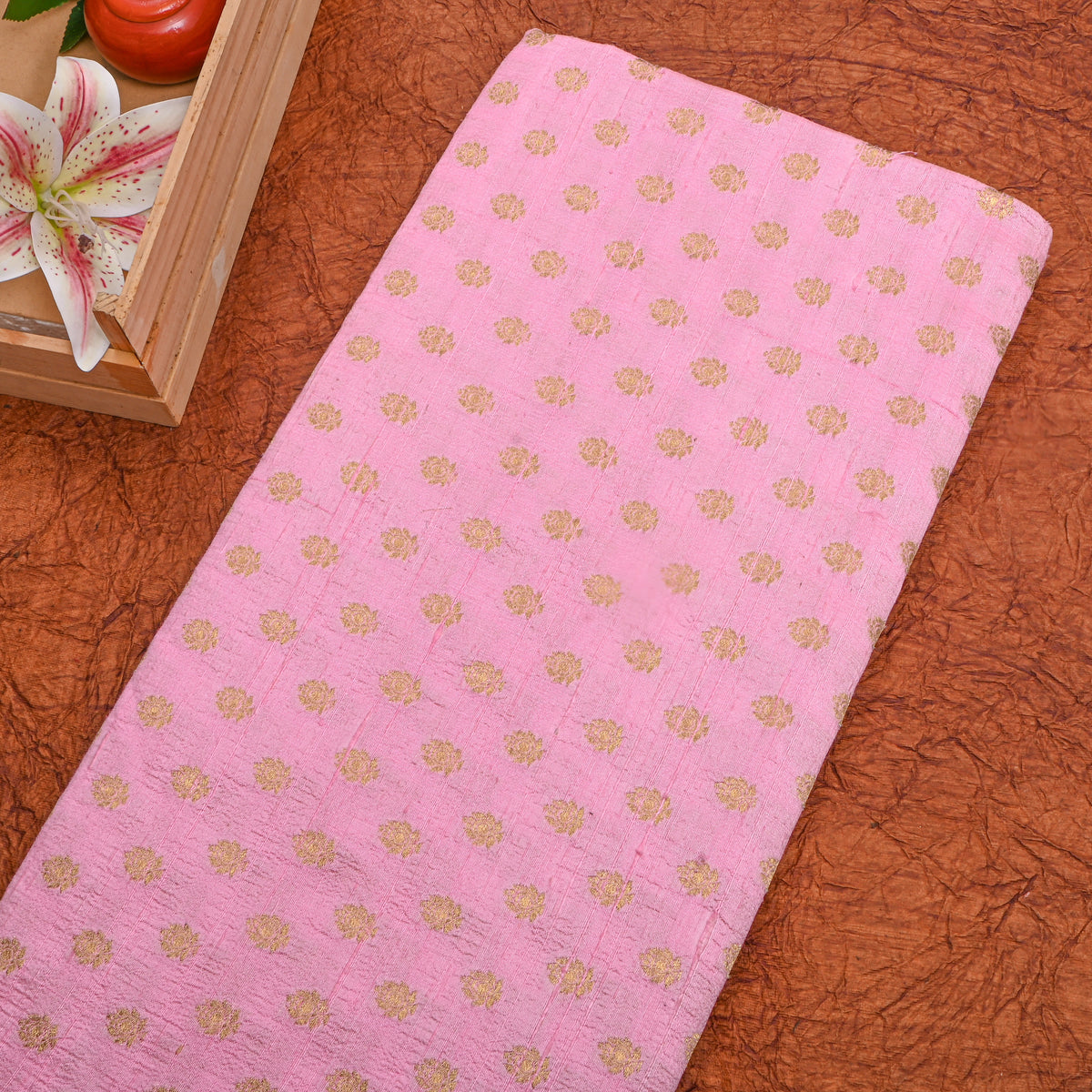 Rose Pink Gold Zari Butti Banarasi Silk Fabric