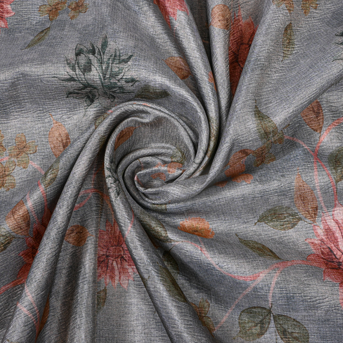 Ash Grey Pink Dahlia Print Tussar Silk Fabric