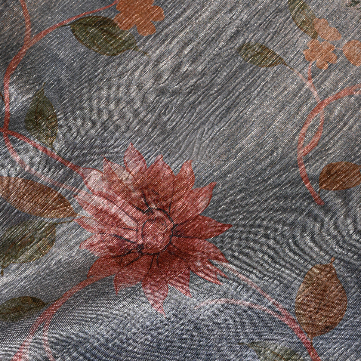Ash Grey Pink Dahlia Print Tussar Silk Fabric
